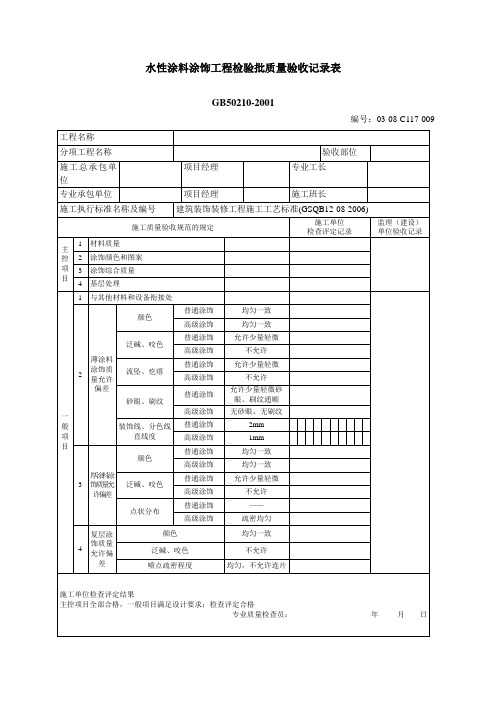 水性涂料涂饰工程检验批质量验收记录表