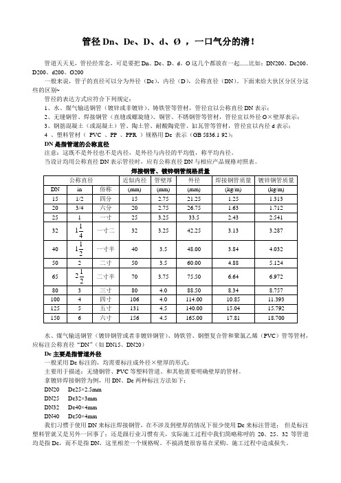 管径的含义、区别及对照表