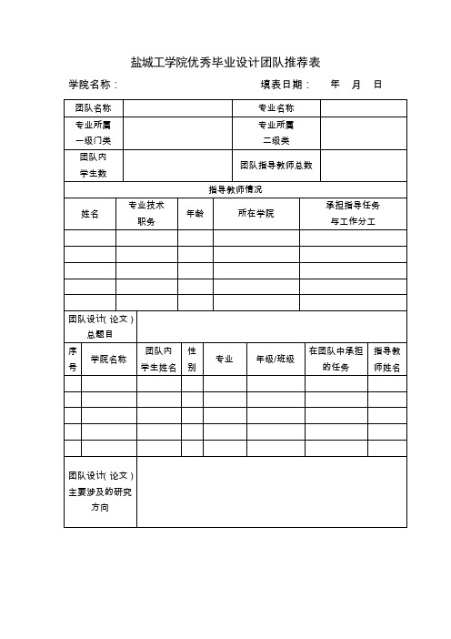 盐城工学院优秀毕业设计团队推荐表