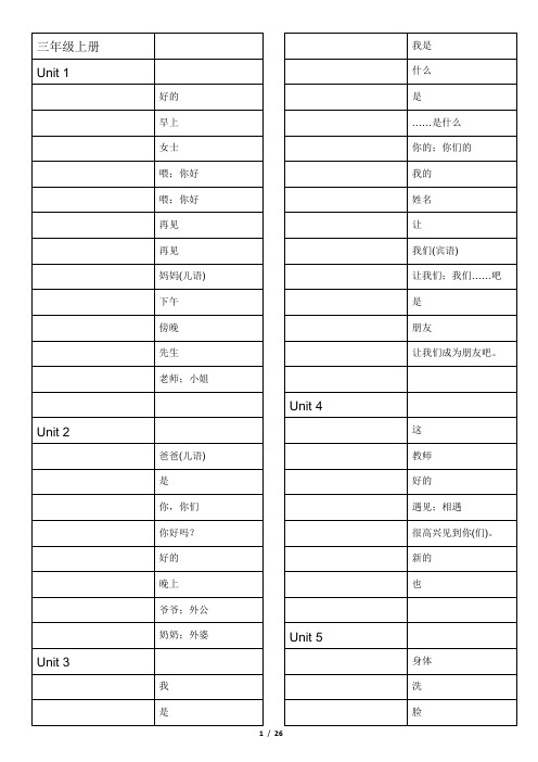 小学英语教科版一至六年级单词默写表