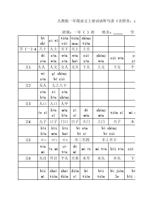 人教版一年级语文上册词语听写表(含拼音、必考)