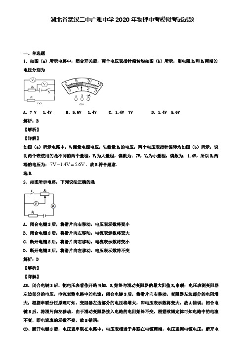 湖北省武汉二中广雅中学2020年物理中考模拟考试试题(含答案有解析)