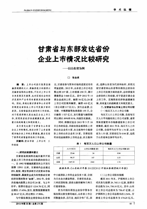 甘肃省与东部发达省份企业上市情况比较研究——以山东省为例