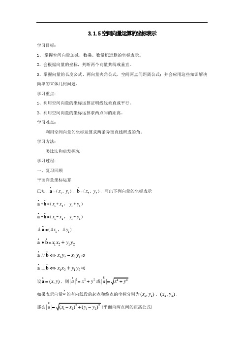 人教A版高中数学 选修2-1 3-1-5空间向量运算的坐标表