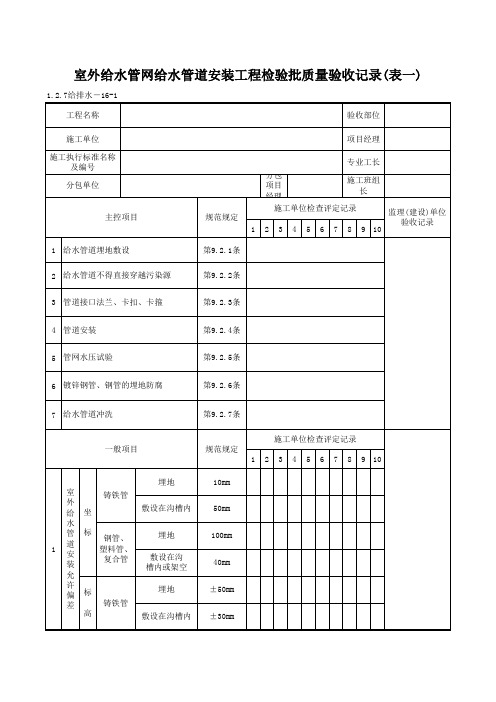 1-2-7给排水-16-1_室外给水管网给水管道安装工程检验批质量验收记录(表一)_1-2-7给排水-16-1