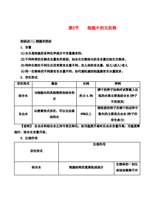 高中生物 2.5 细胞中的无机物知识点归纳 新人教版必修1