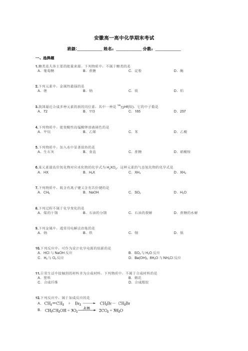 安徽高一高中化学期末考试带答案解析
