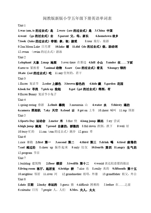 闽教版新版小学五年级下册英语单词表.doc