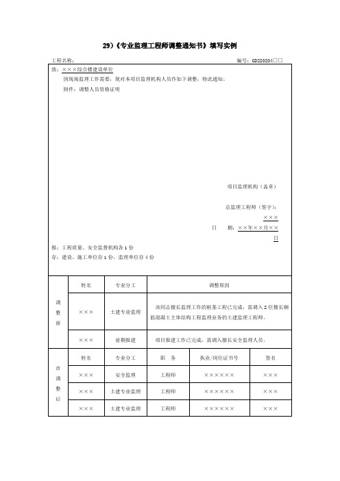 《专业监理工程师调整通知书》填写实例