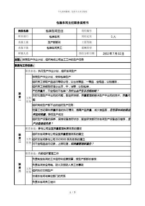 包装车间主任职务说明书