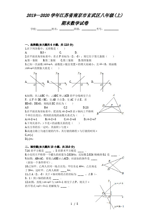 2019—2020学年江苏省南京市玄武区八年级(上)期末数学试卷