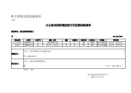 9月带税发票结账清单