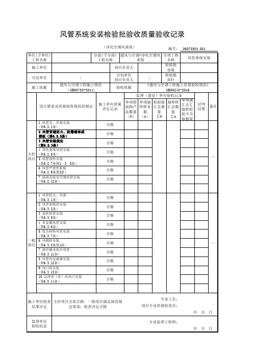 风管系统安装检验批验收质量验收记录(净化空调风系统)