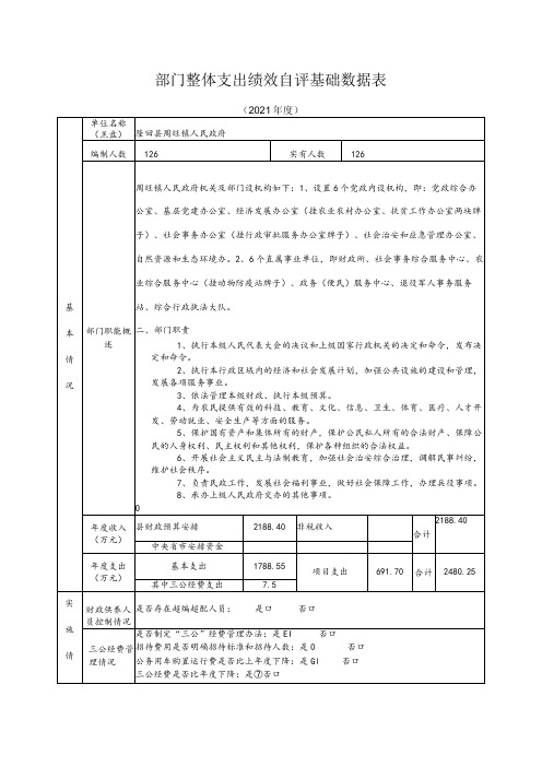 部门整体支出绩效自评基础数据表