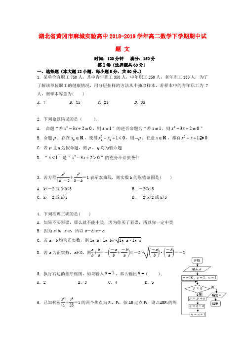 湖北省黄冈市麻城实验高中2018_2019学年高二数学下学期期中试题文