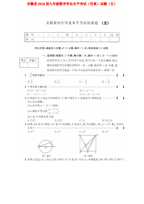 安徽省2018届九年级数学学业水平考试(仿真)试题(五)(扫描版)