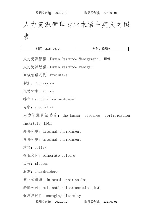 人力资源管理专业术语中英文对照表之欧阳美创编