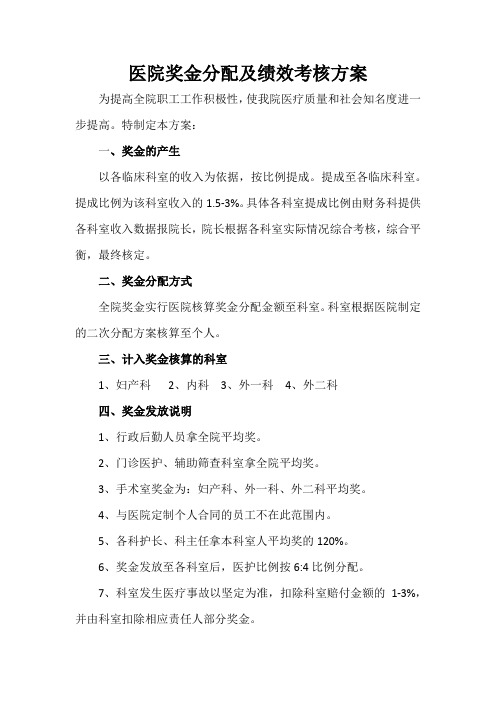 医院奖金分配及绩效考核方案