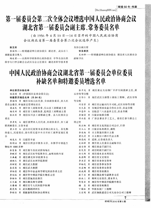 中国人民政治协商会议湖北省第一届委员会单位委员补缺名单和特邀委员增选名单