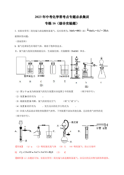 专练16(综合实验25题)-2023年中考化学常考点专题必杀集训(人教版)(解析版)