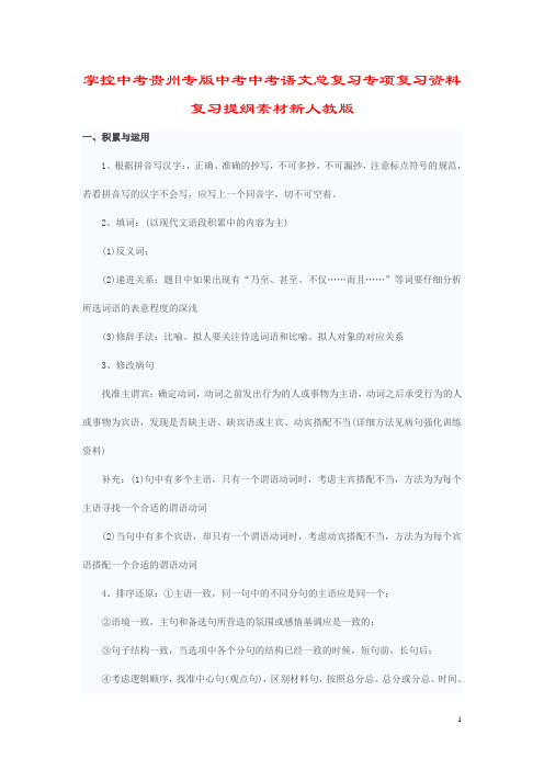 掌控中考贵州专版中考中考语文总复习专项复习资料复习提纲素材新人教版