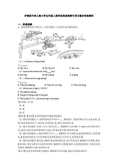 沪教版牛津上海小学五年级上册英语阅读理解专项习题含答案解析