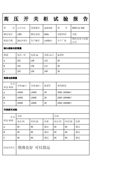 高压开关柜试验报告