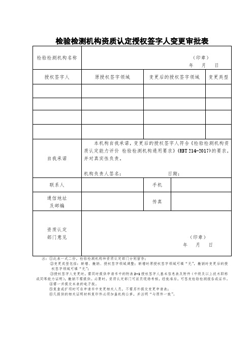 检验检测机构资质认定授权签字人变更审批表