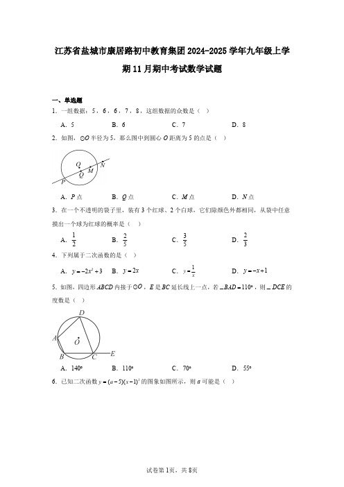 江苏省盐城市康居路初中教育集团2024-2025学年九年级上学期11月期中考试数学试题