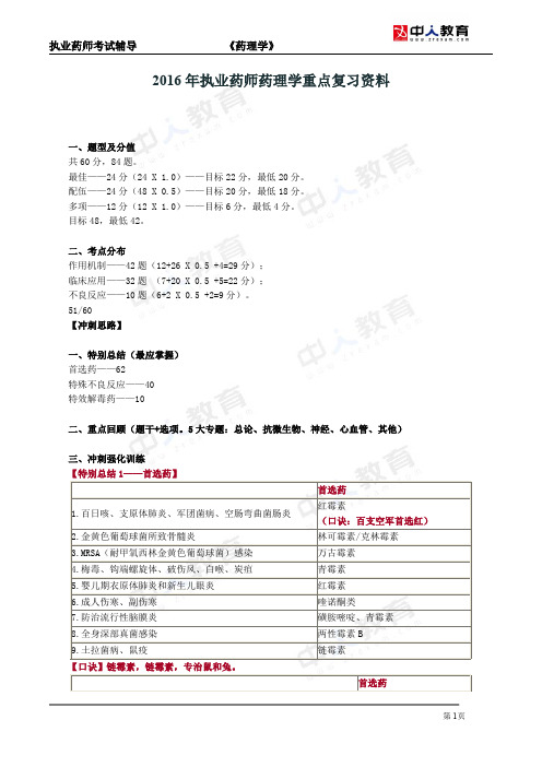 2016年执业药师药理学重点复习资料