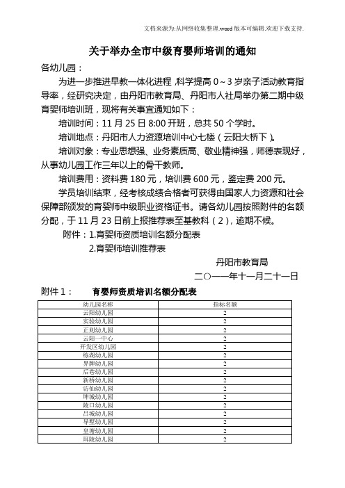 关于举办全市中级育婴师培训的通知