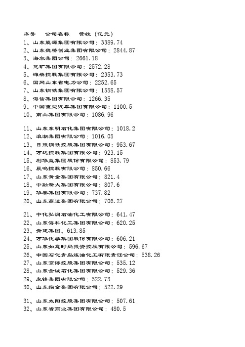 2019年山东百强企业排名表