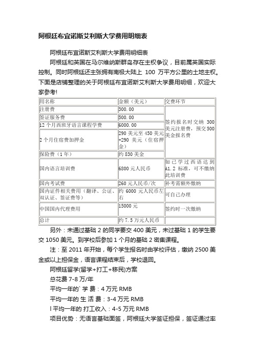 阿根廷布宜诺斯艾利斯大学费用明细表