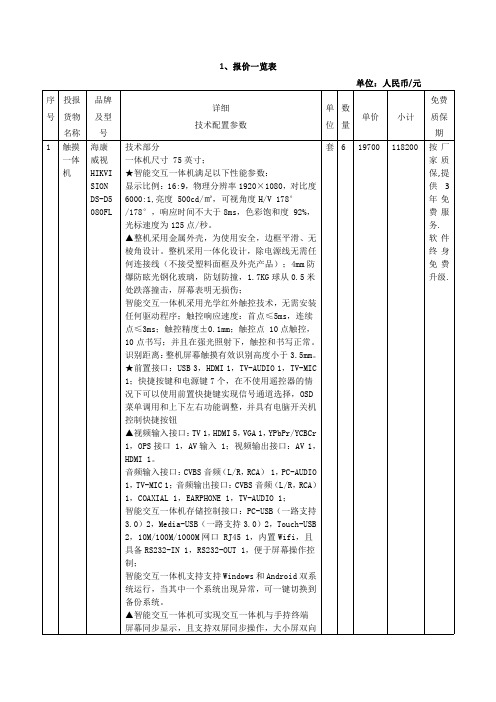 1、报价一览表单位人民币元