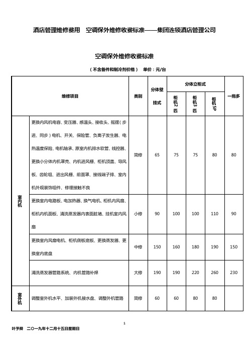 酒店管理维修费用  空调保外维修收费标准——集团连锁酒店管理公司2031(叶予舜)