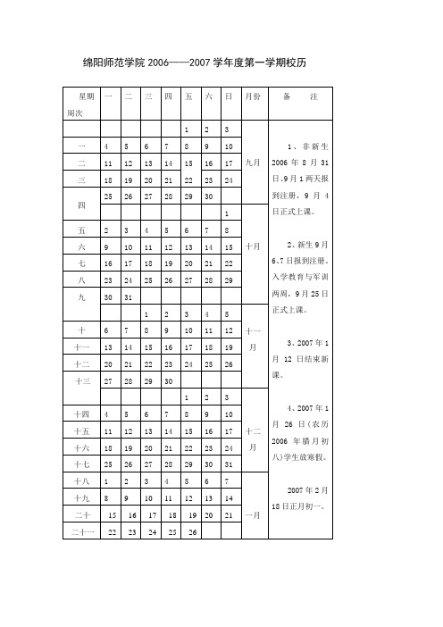 绵阳师范学院2006——2007学年度第一学期校历