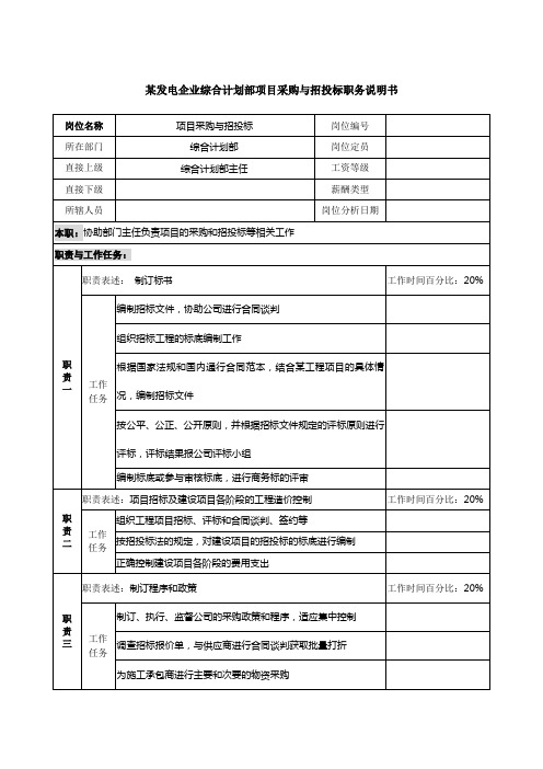 发电企业综合计划部项目采购与招投标职务说明书