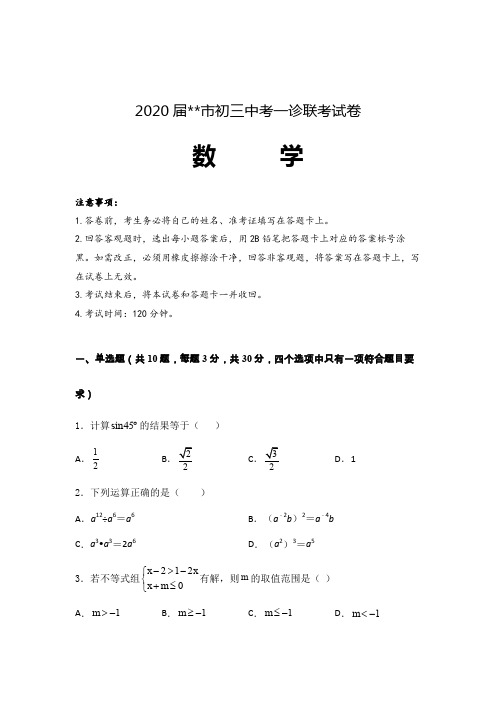 2020届初三中考数学一诊联考试卷含答案解析 (山东)