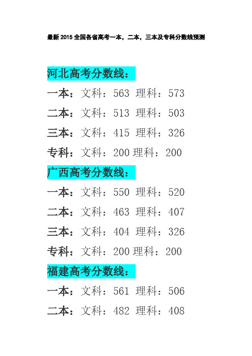 最新★2015全国各省高考一本,二本,三本及专科分数线预测完整版