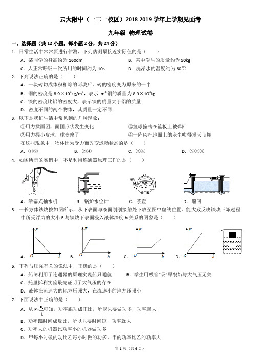 2018-2019云附九(上)物理见面考试卷