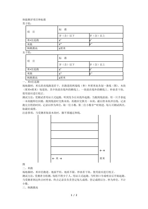 体能测评项目和标准