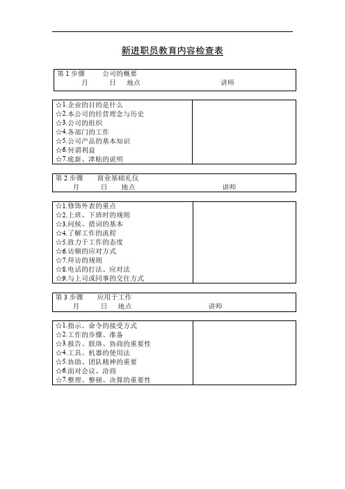 新进职员教育内容检查表