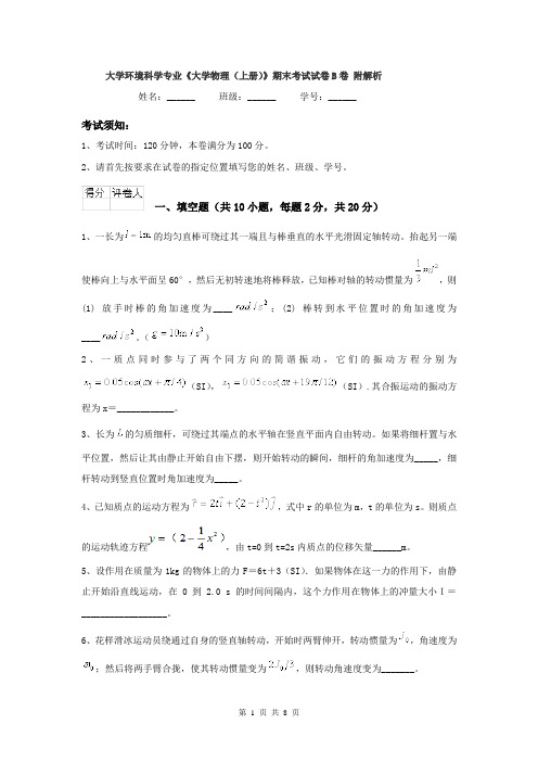 大学环境科学专业《大学物理(上册)》期末考试试卷B卷 附解析