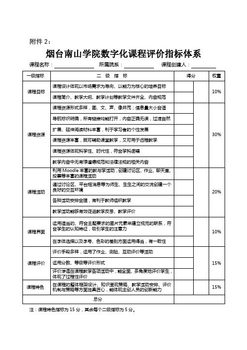 数字化课程评价指标体系