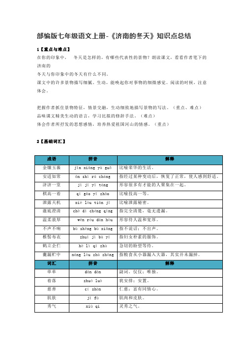 第2课《济南的冬天》知识点总结部编版语文七年级上册