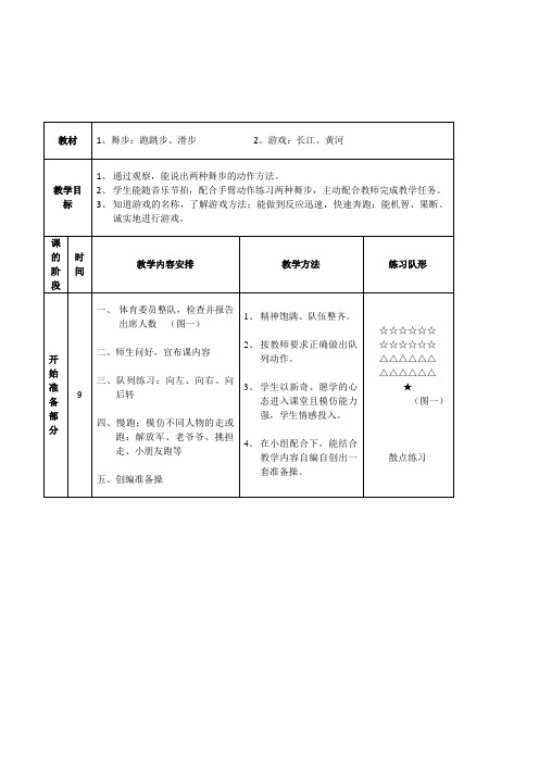 小学体育与健康一年级《舞步：跑跳步、滑步游戏：长江、黄河》表格式教案