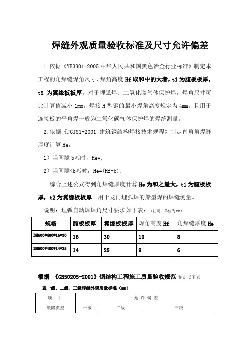 焊缝外观质量验收标准及尺寸允许偏差