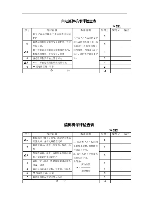 自动抓棉机考评检查表