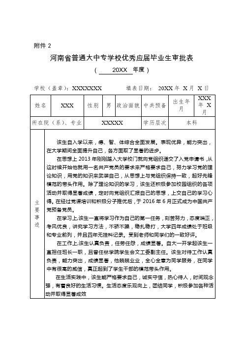 优秀应届毕业生审批表