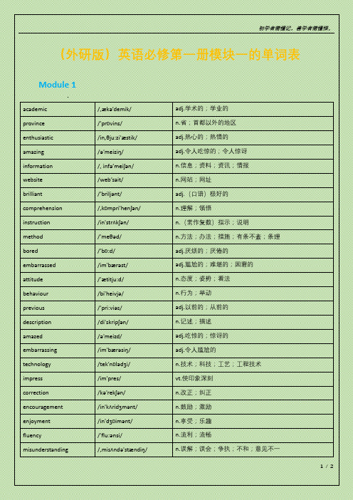 (外研版)英语必修第一册模块一的单词表